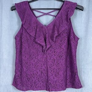 Skies Are Blue Size XL Purple Lace Ruffle Blouse Sleeveless Top V Neck Strappy